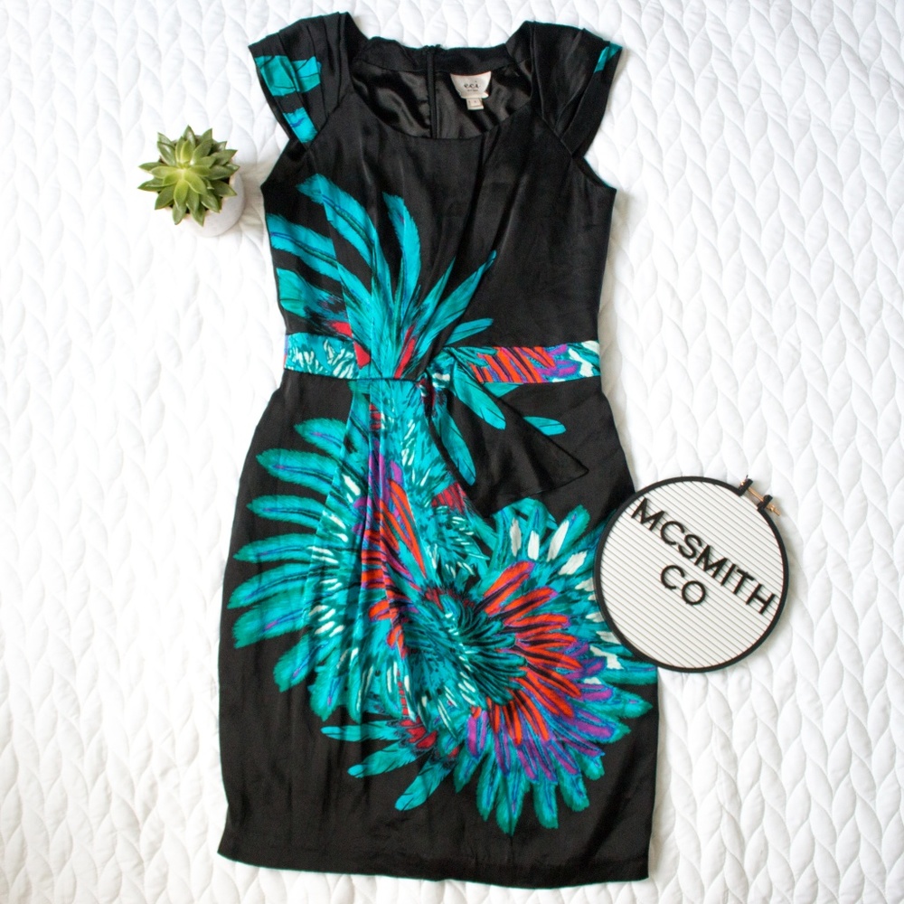 ECI | Capped Sleeve Floral Silk Sheath Dress - Picture 5 of 5